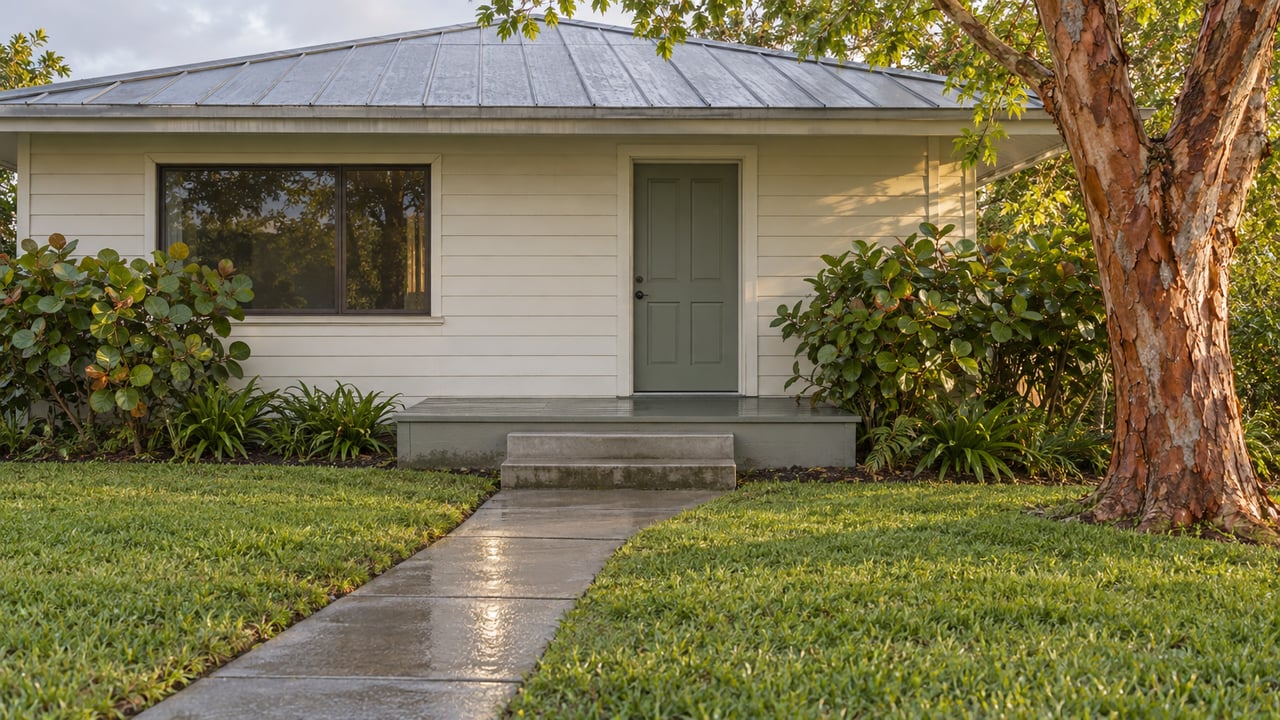 Cream bungalow with sage door, damp concrete walk, green lawn, and peeling-bark tree.