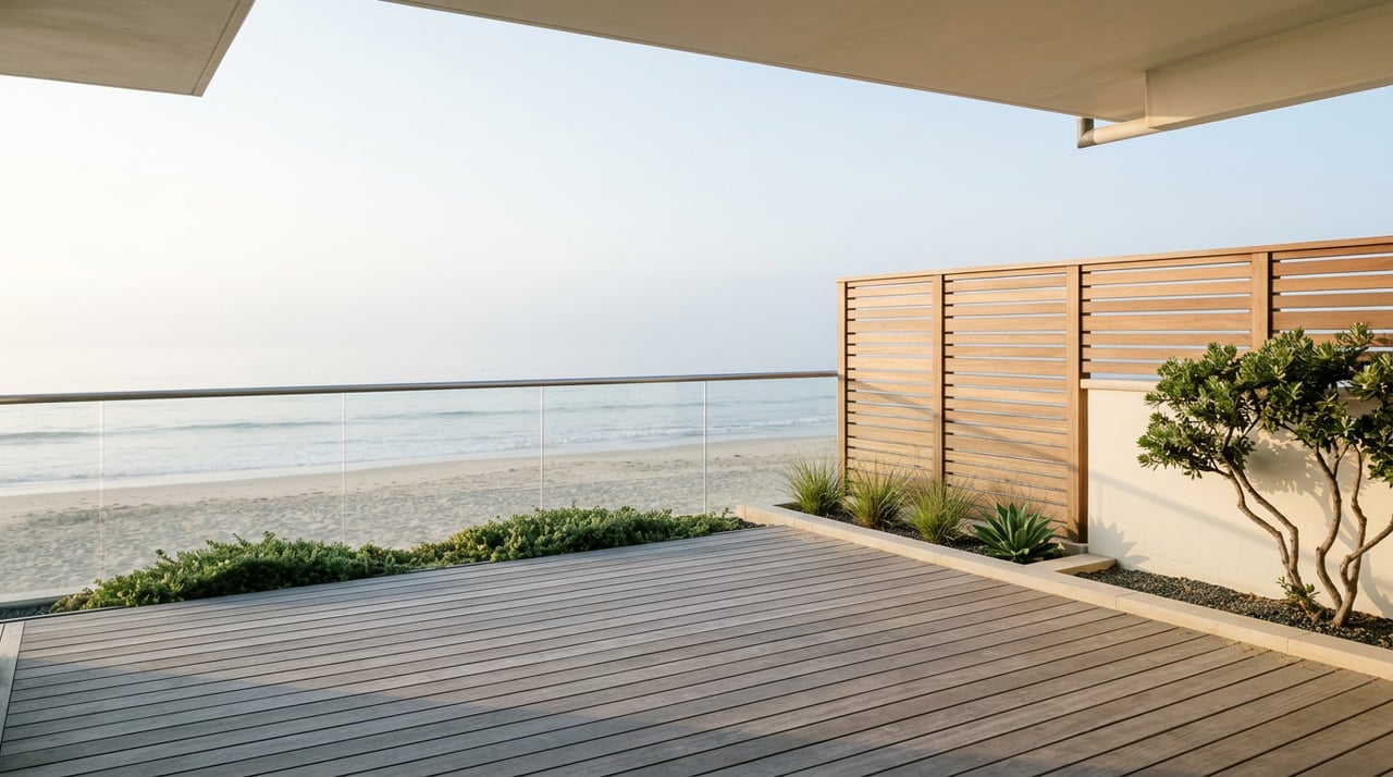 Sunrise over a beachfront deck with gray wood planks, a glass rail, cedar screen, pale sand, and hazy water.