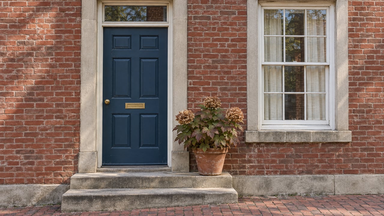 A blue townhouse door and white sash window in weathered red brick, with limestone steps and a potted oakleaf hydrangea.