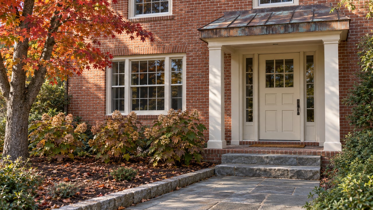 Brick home entry with ivory columns, an aged copper portico, stone steps, and red-orange maple foliage.