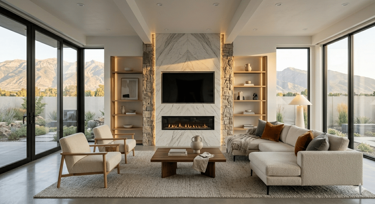 Modern living room with floor-to-ceiling stone fireplace