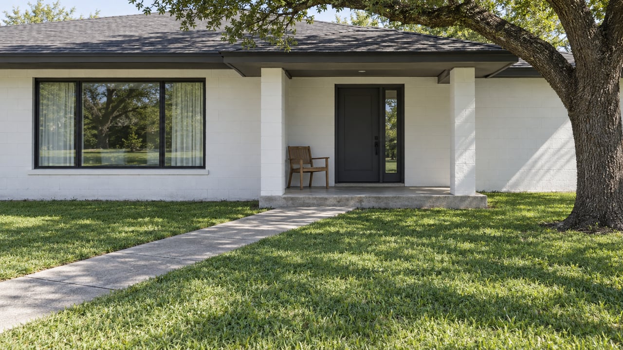 White masonry ranch with charcoal trim, a covered entry and teak chair, framed by a mature live oak and a broad green lawn.