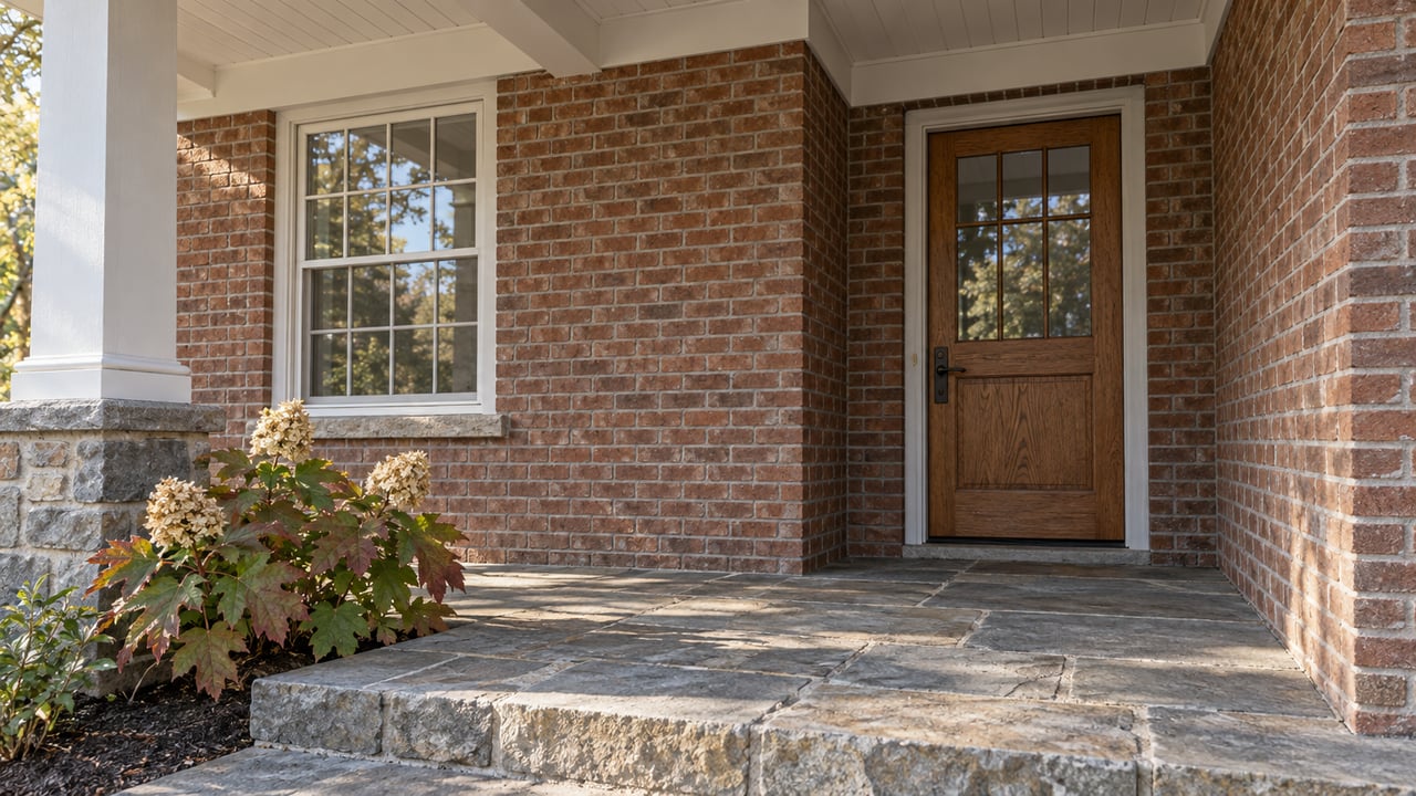 Covered brick entry porch with an oak door, grid-pane window, worn gray stone steps and oakleaf hydrangea.