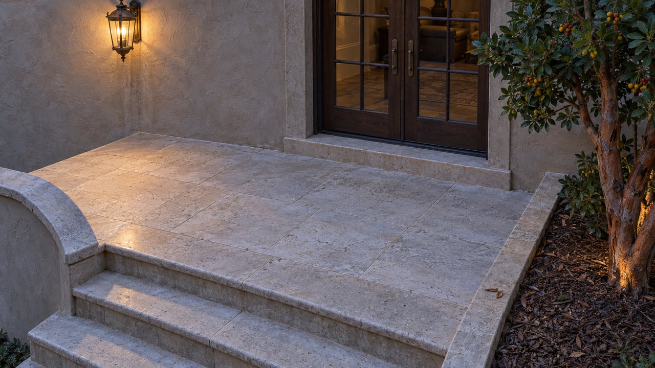 Blue-hour view across a limestone terrace toward closed oak-framed glass doors, with curved stucco steps and a sculptural strawberry tree.
