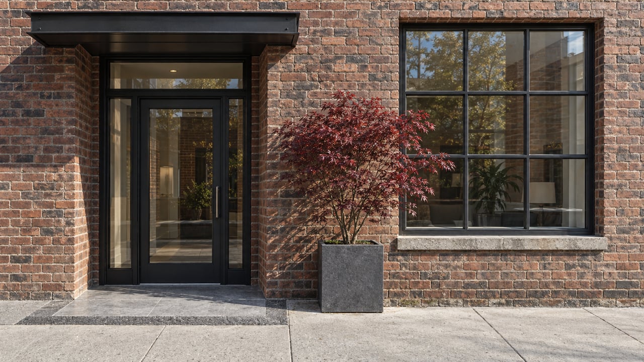 Weathered brick apartment entrance with closed black steel-framed glazing, a limestone landing, and a burgundy Japanese maple in a stone planter.