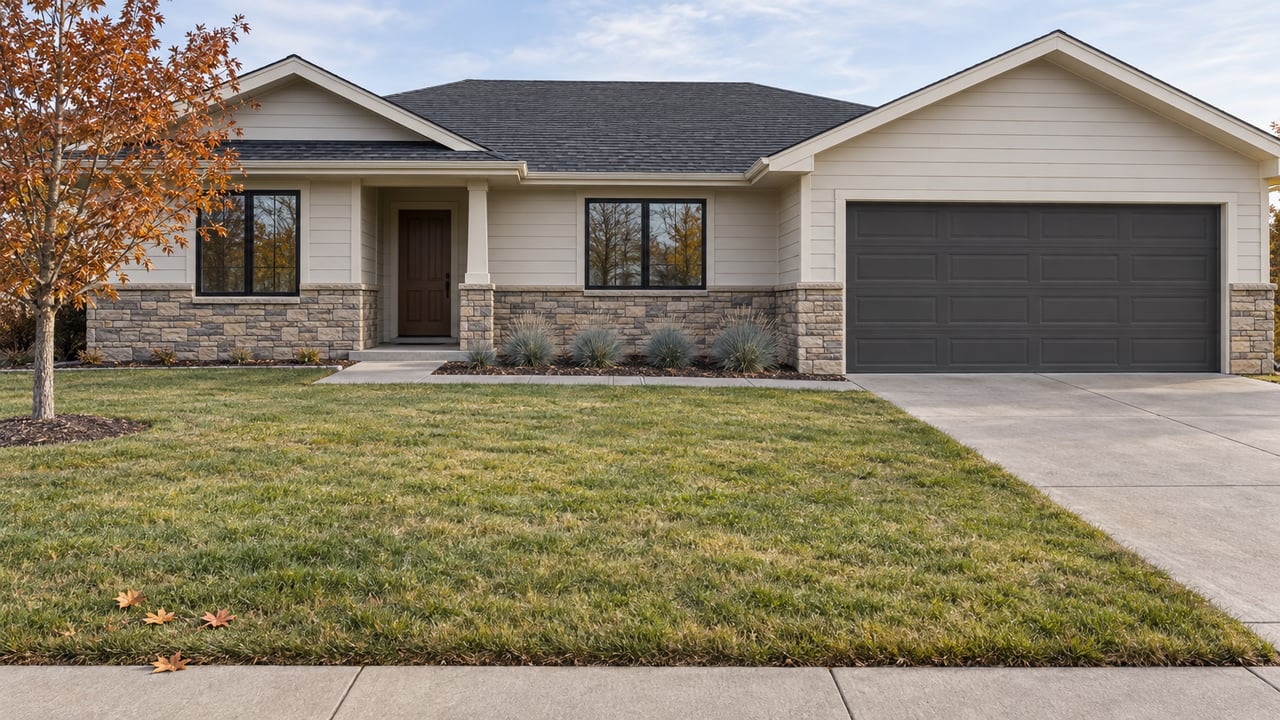 Single-story home with pale siding, stone veneer, a broad front lawn and a copper-leaved maple in autumn daylight.