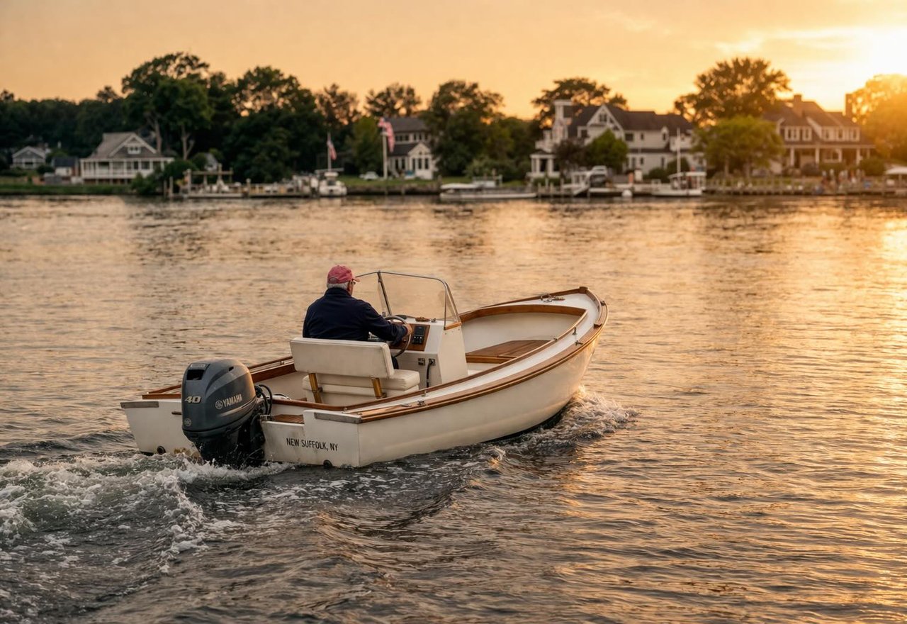 male boater on Peconic Bay overlooking calm water and waterfront homes in New Suffolk