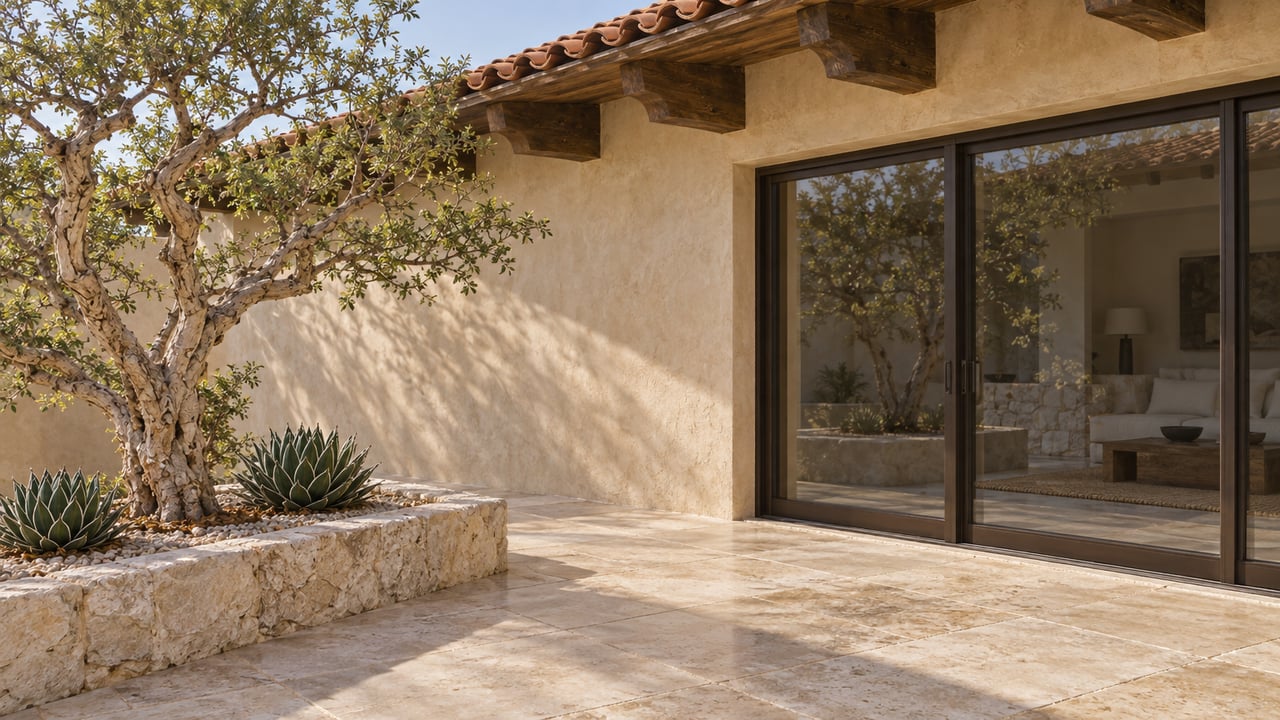 Covered terrace with a sand-colored stucco wall, bronze-framed glass door, and sculptural desert tree in a raised bed.