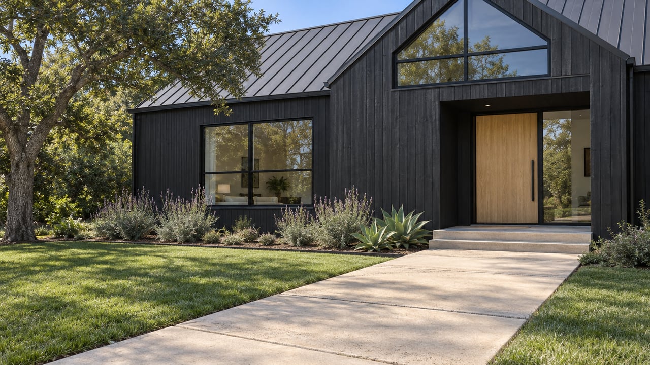 Charcoal gabled home with an oak entrance, broad concrete approach, lawn and sculptural drought-adapted planting in afternoon sunlight.