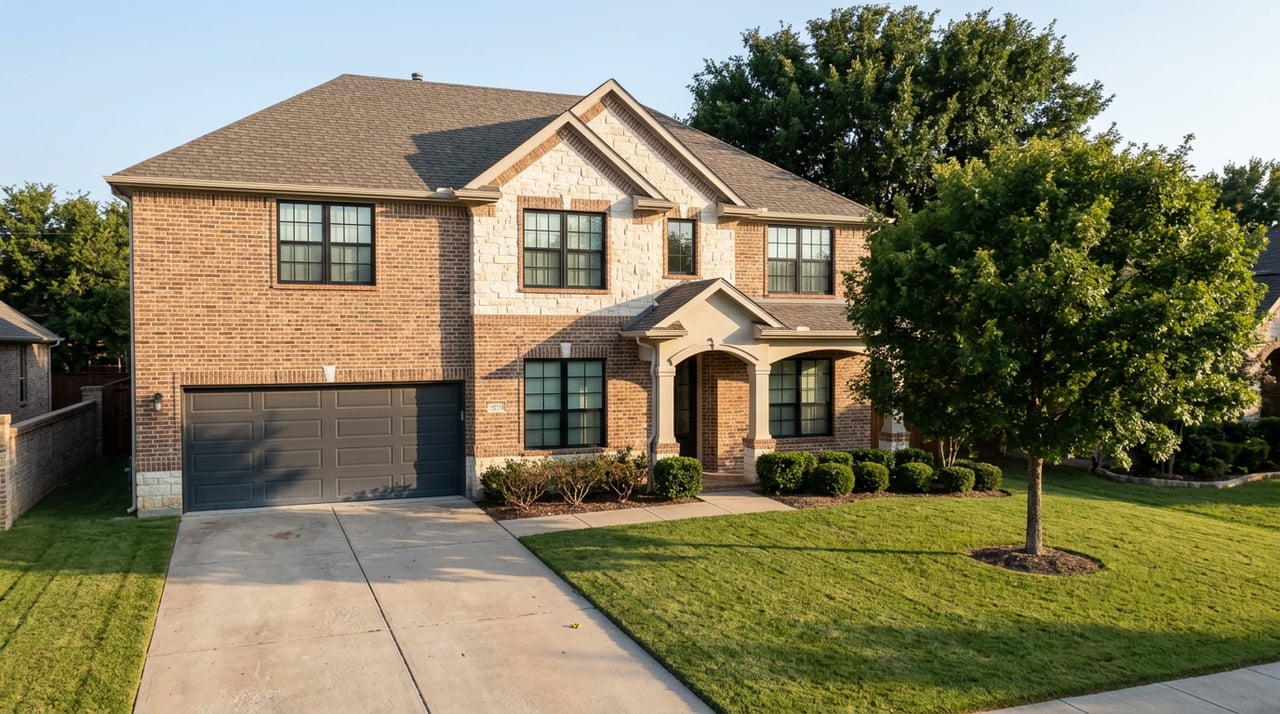 Two-story brick-and-stone home with an arched columned entry, broad lawn, driveway, and large shade tree.