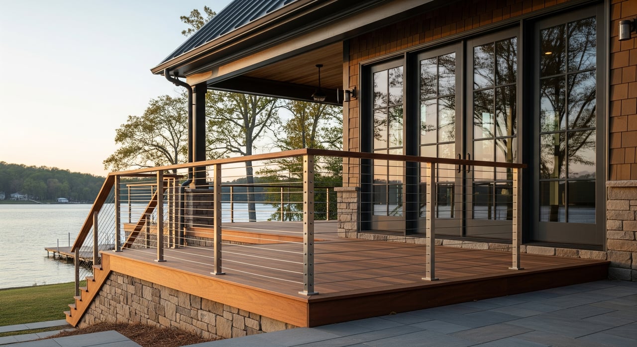 Modern lakeside house with a raised wooden deck, glass doors, and metal railings.