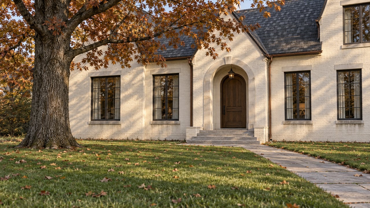 An ivory painted-brick home behind a deep autumn lawn, with a mature russet-leaved oak and a limestone entry approach.