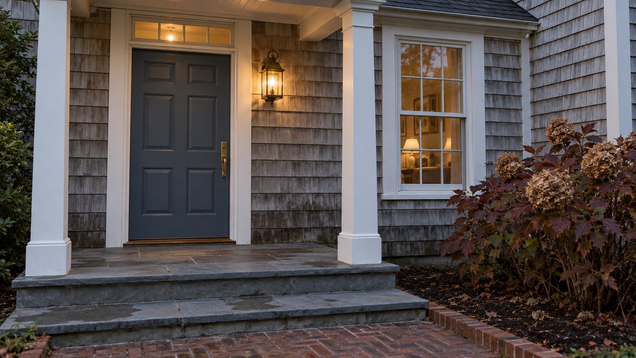 A blue-gray front door and tall divided-pane window beneath a small porch, with weathered cedar shingles, bluestone steps, and autumn oakleaf hydrangea.