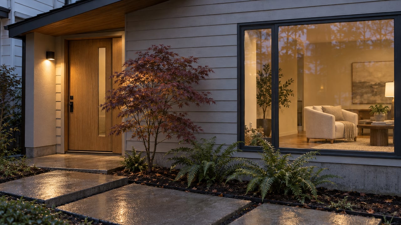Updated attached home with an oak entry door, glowing living-room window, and ferns beside concrete approach slabs.