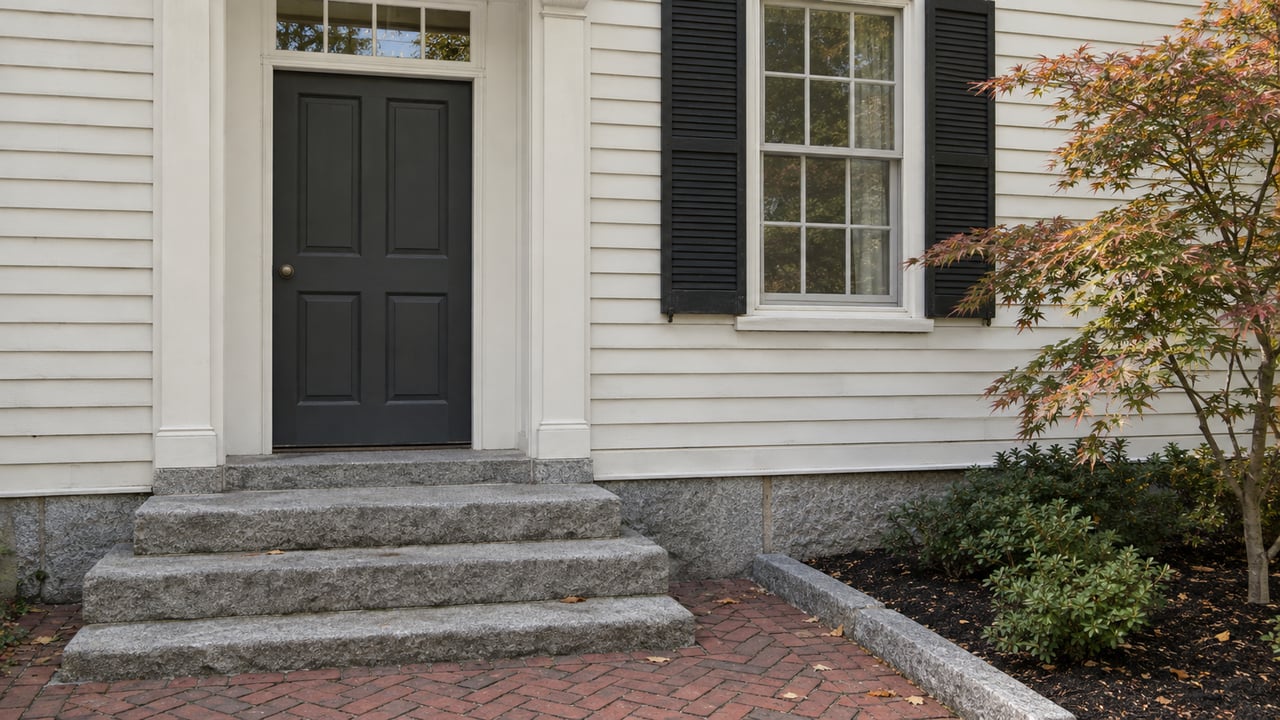 Ivory clapboard house entry with a charcoal door, granite steps, brick path, and a small Japanese maple.