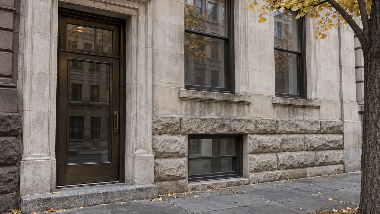 Prewar limestone apartment facade with a recessed bronze entrance, tall sash windows, and golden ginkgo leaves by the step.