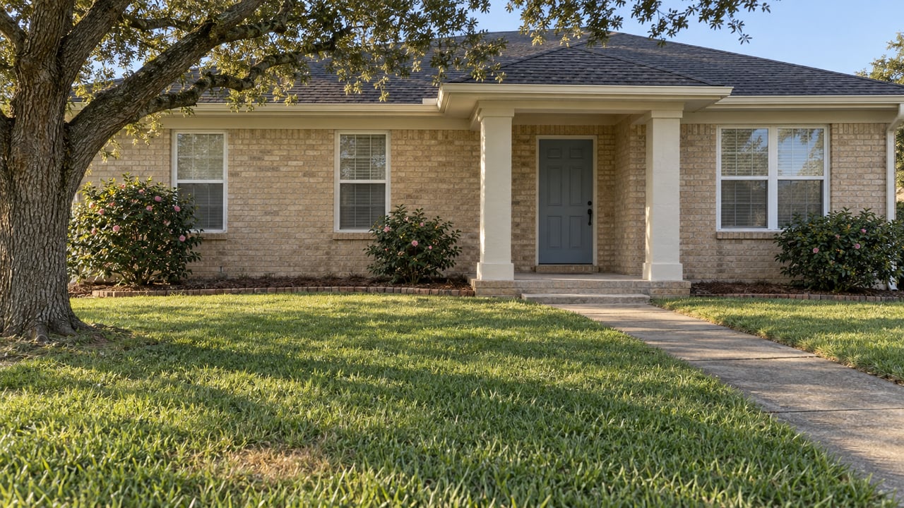Buff-brick single-story home behind a deep lawn, with a shaded recessed entry and a spreading live oak.