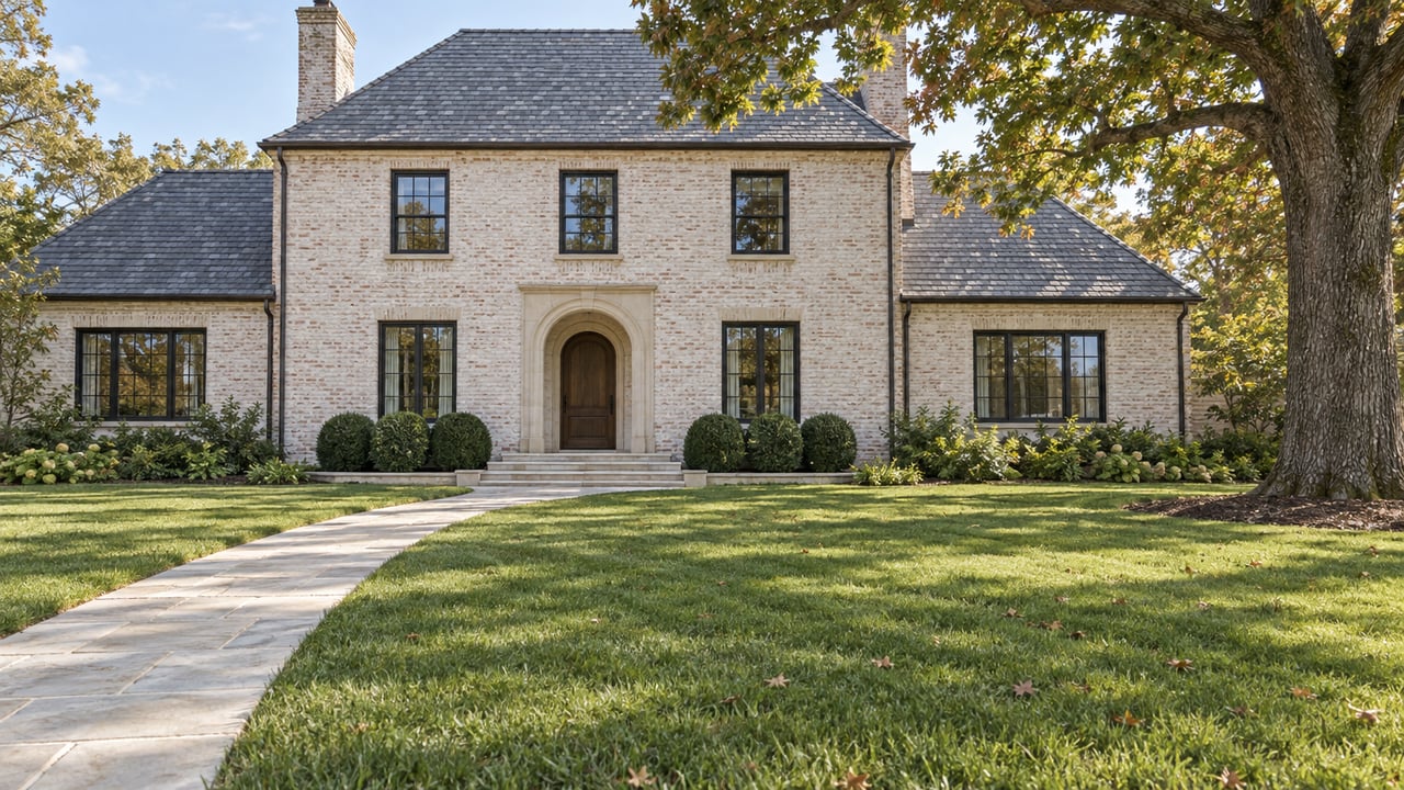Cream limewashed-brick house with black-framed windows, limestone entry walk, deep green lawn and a mature white oak in morning light.