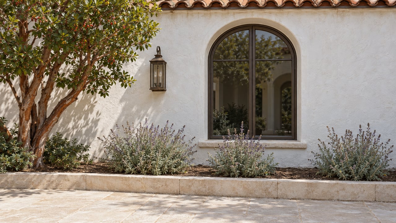 An arched bronze-framed window in a white stucco home, above a limestone-bordered sage bed beside a mature strawberry tree.