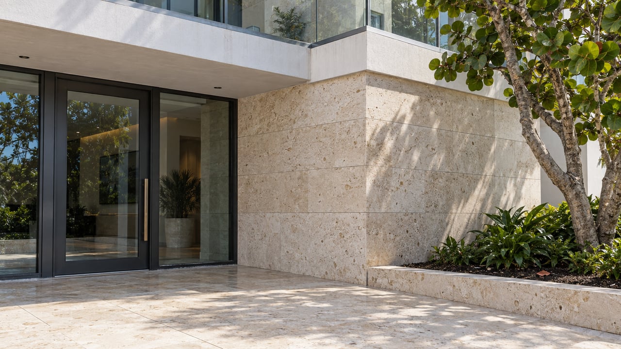 Low-angle view of a limestone and glass residential entrance beneath a white terrace, beside a mature sea grape tree.
