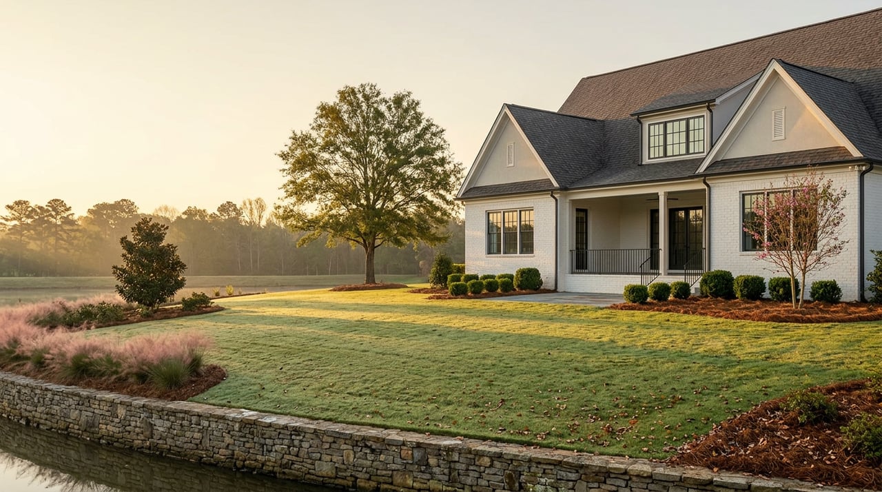 White-brick lakeside home with a covered porch, broad sloping lawn, mature oak, stone wall, and narrow strip of water.