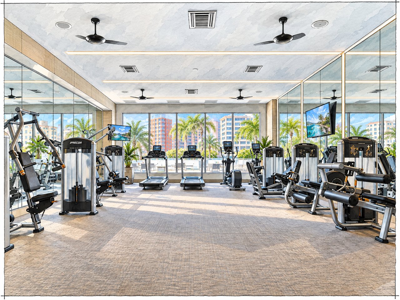 Fitness center with mirrored walls, cardio machines, strength equipment, and floor-to-ceiling windows.