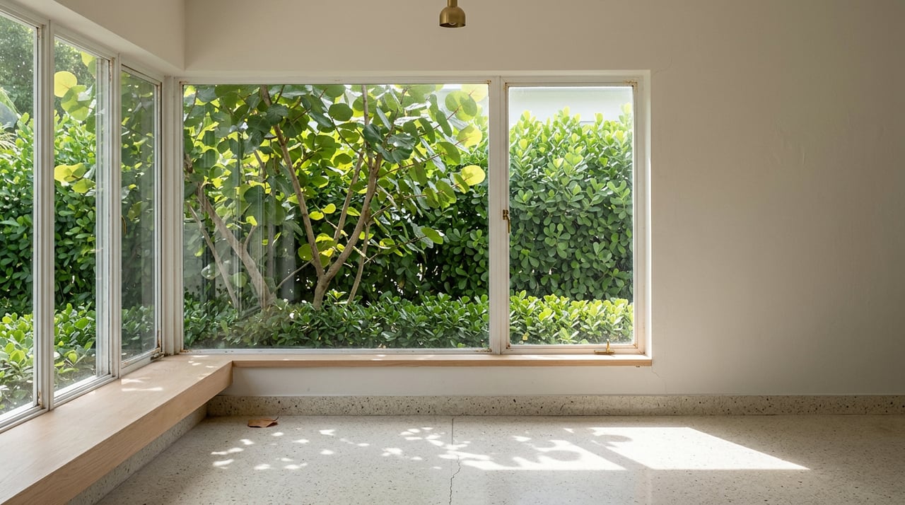 Terrazzo living room with a white steel-framed window, pale oak seat, and leafy garden close outside.