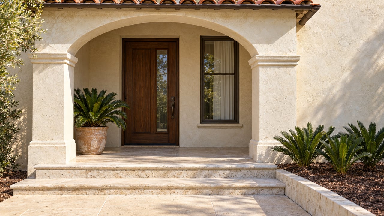 Sunlit ivory stucco entrance with a clay-tile roof, arched porch, walnut door, limestone steps and coontie planting.