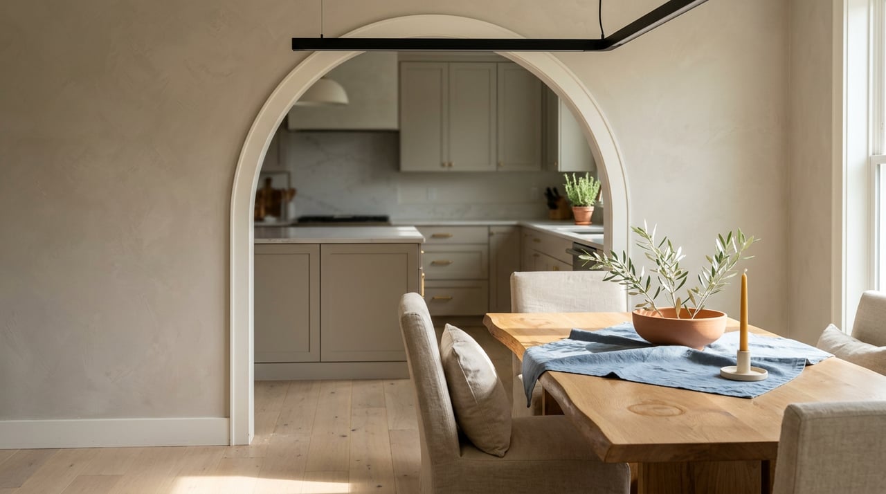 Arched opening between a dining room and kitchen, with an oak table, linen chairs, and olive branches.