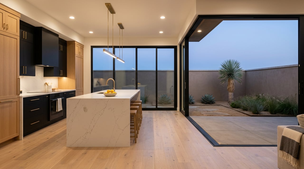 Great room with quartz island, brass pendants, and black-framed glass overlooking courtyard at dusk.