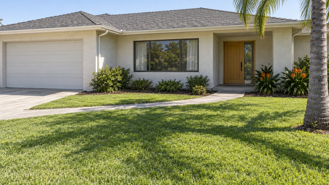 Bright single-story white stucco home behind a deep green lawn, with a concrete entry walk and one mature feather-leaf palm.