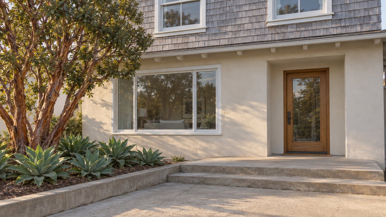 Sun-washed shingle and stucco home with a glazed oak entry, broad concrete steps and sculptural planting.