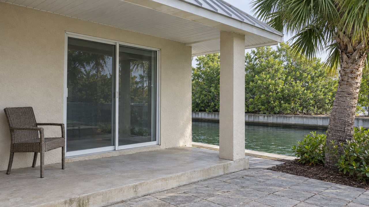 A modest stucco home's covered rear porch with sliding glass doors, weathered concrete steps and a narrow view of green canal water.