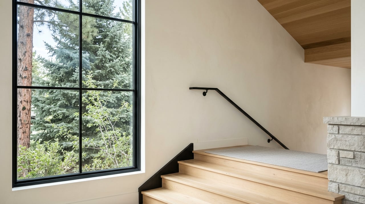 White oak stairs with a gray runner beside a black-framed window overlooking evergreen branches.