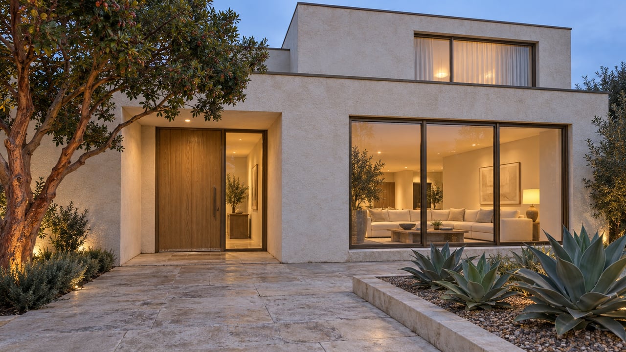 Contemporary pale-stucco home at dusk with bronze-framed windows, a limestone approach, a strawberry tree and sculptural agaves.