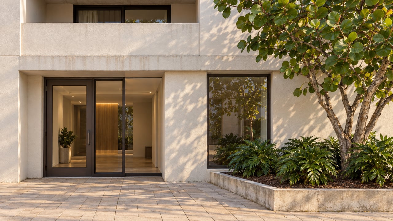 Sunlit stucco apartment entrance beneath a recessed balcony, with bronze-framed glazing, pale paving, and a sculptural sea grape tree in a raised planting bed.