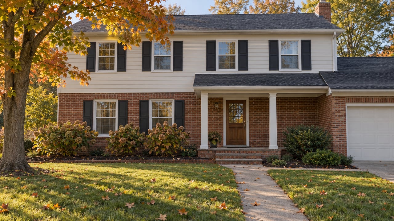 An established two-story brick and ivory-sided home behind a deep lawn, with a covered entry and a maple turning gold in autumn.