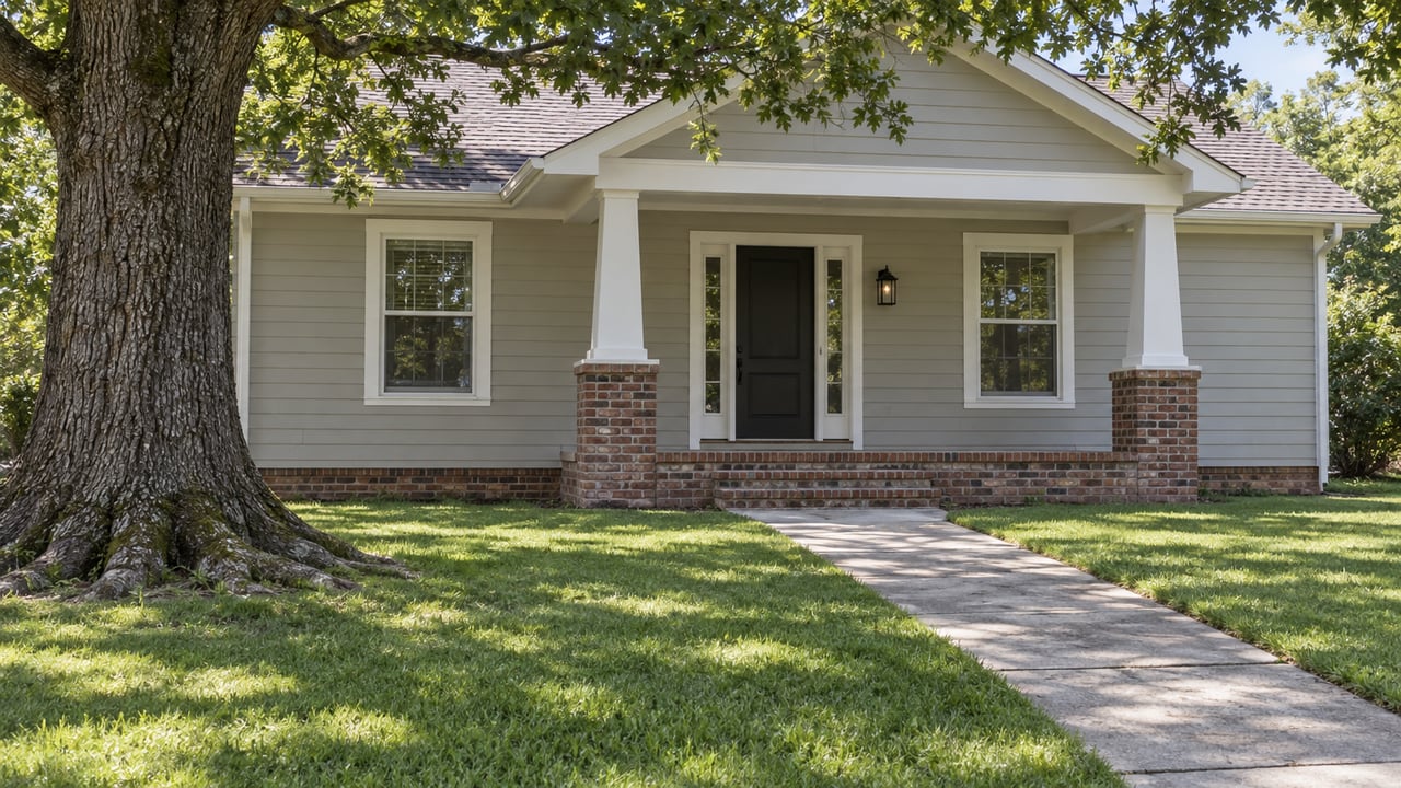 Light greige house with a deep white-trimmed porch behind a broad lawn and mature oak.