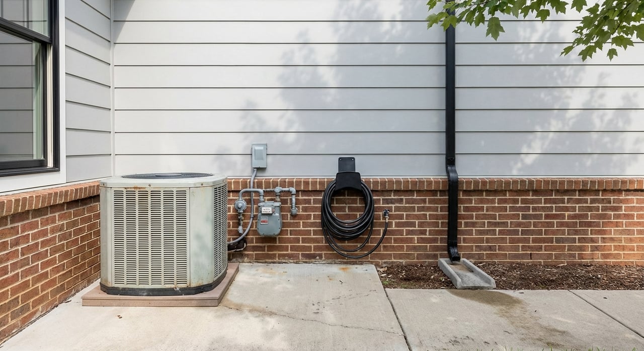 House side yard with air conditioner, utility meters, hose bib, hydrangea, boxwoods, and concrete walkway.