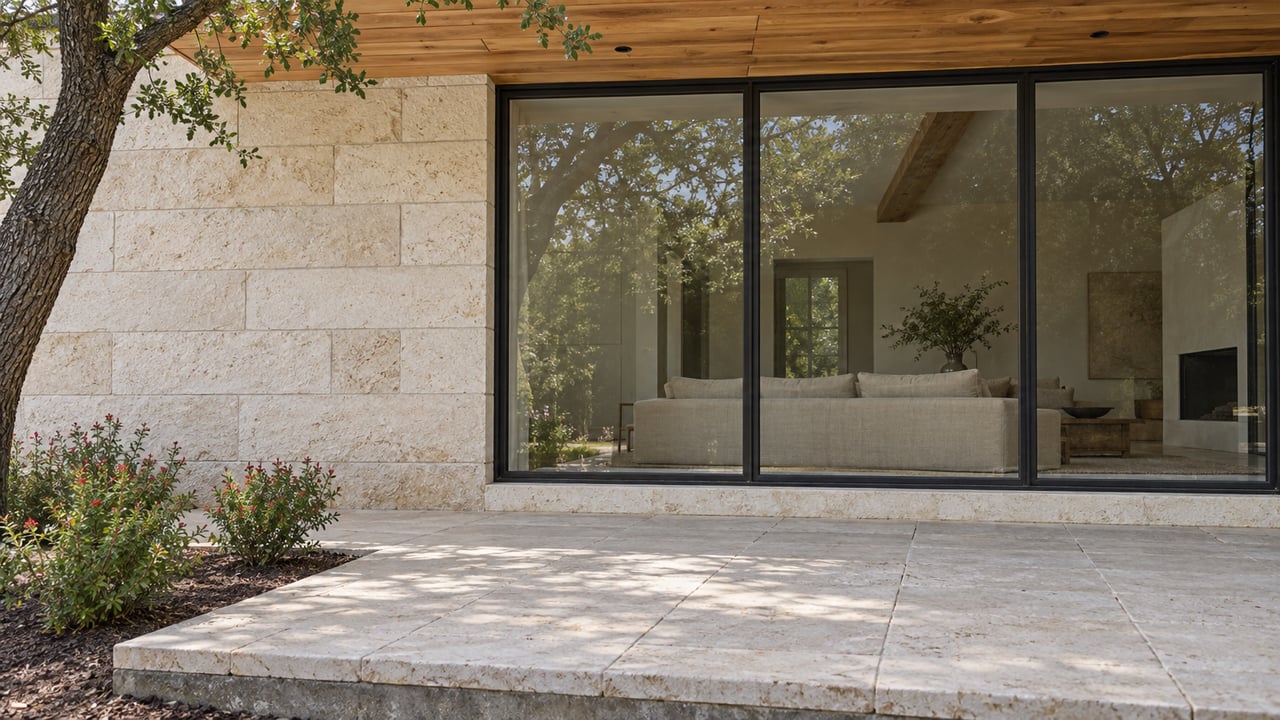 Pale limestone terrace and black-framed living-room windows beneath a cedar soffit, with a mature oak and red-flowering sage beside the paving.