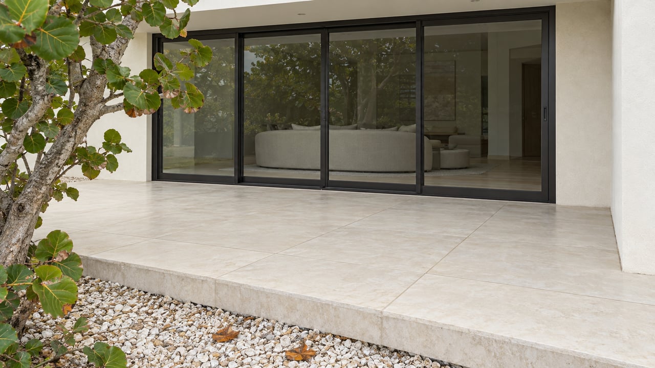 Cream stucco residence with closed dark-framed sliding doors, ivory terrace paving and a sea grape beside a limestone step.