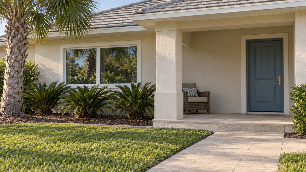 Ivory stucco home with a shaded blue front door, pale paver approach, broad lawn and a mature palm.