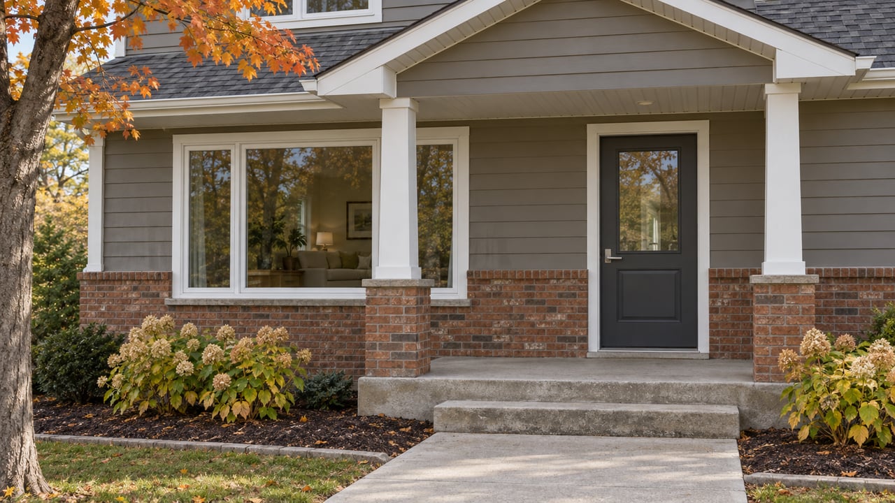 Brick-accented home entrance with white porch posts, broad concrete steps and autumn hydrangeas.