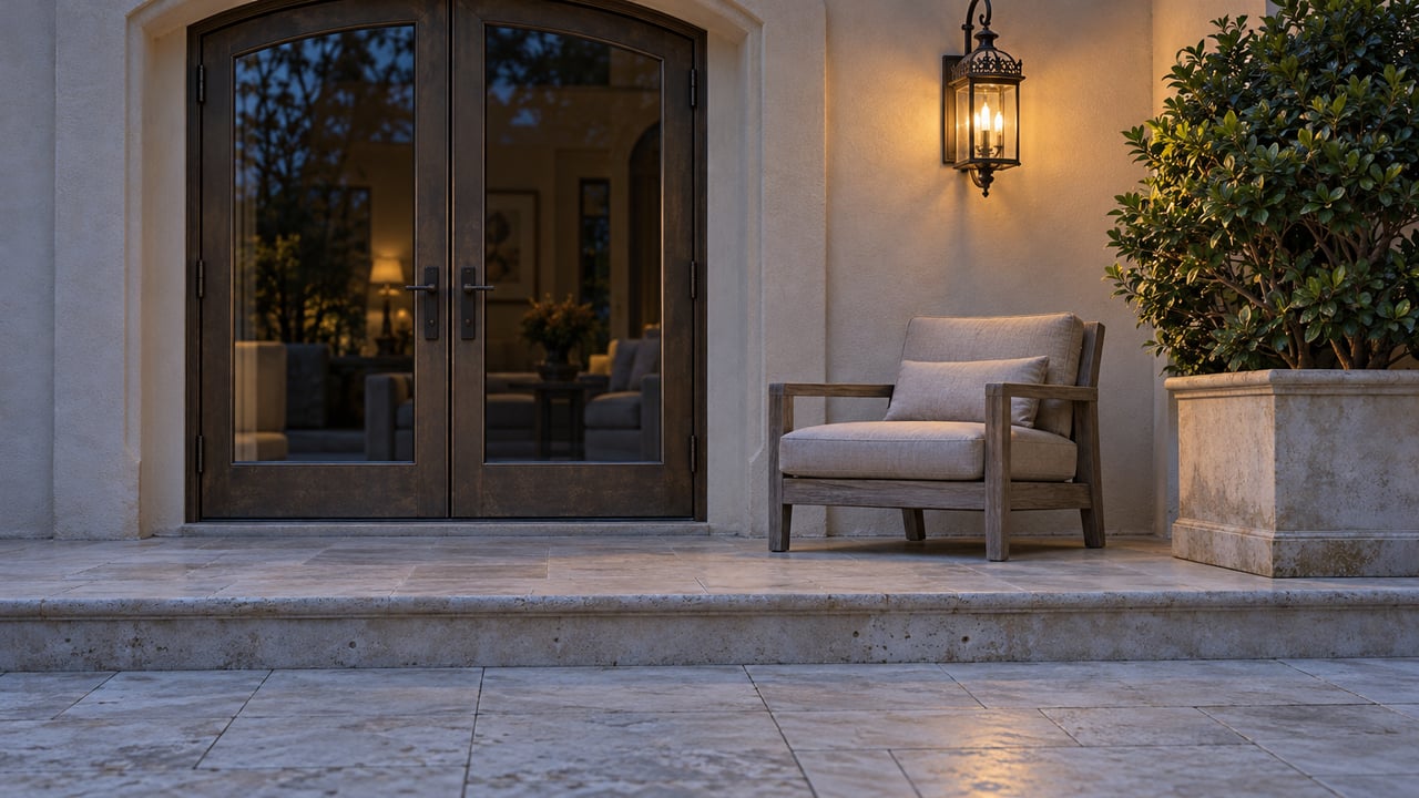 Blue-hour terrace with limestone steps, closed bronze-framed glass doors, a warm ornamental lantern and a weathered teak chair.