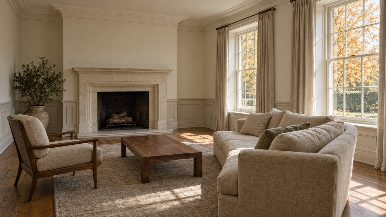 Estate sitting room with an ivory limestone fireplace, warm oak floor, wool seating and tall windows overlooking amber autumn foliage.