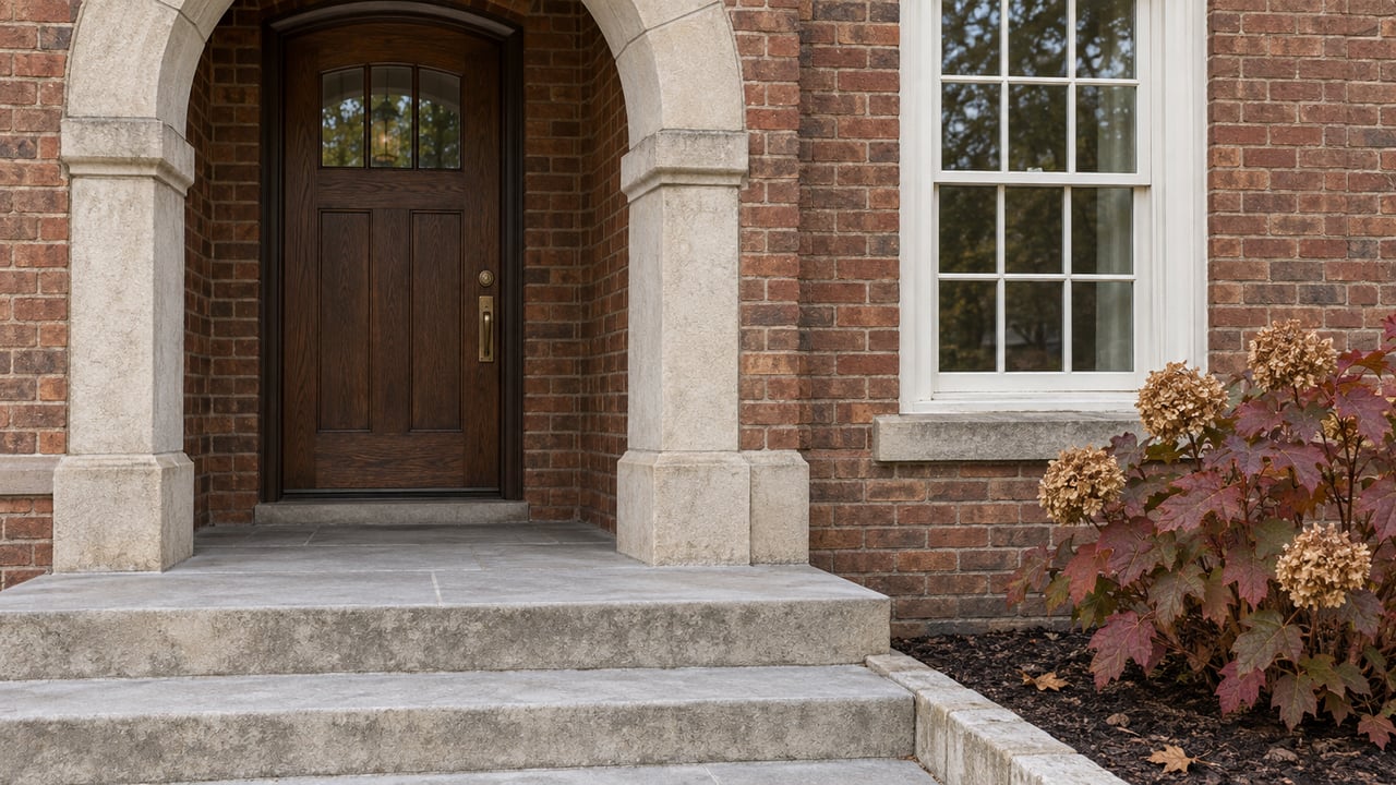 Weathered brick and limestone arched entrance with a closed oak door, broad stone steps, and an oakleaf hydrangea with autumn foliage.