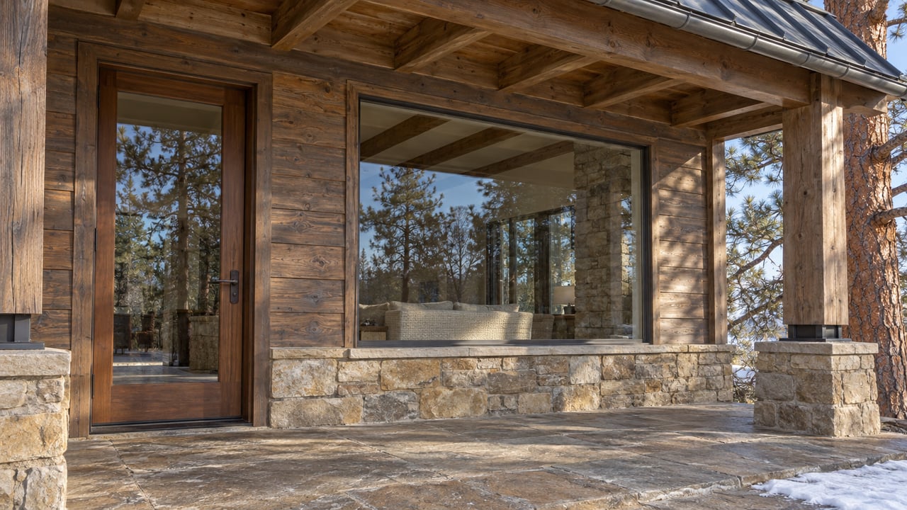Winter sunlight crosses a sandstone porch beneath timber rafters, beside cedar siding, glazed entry and a mature ponderosa pine.