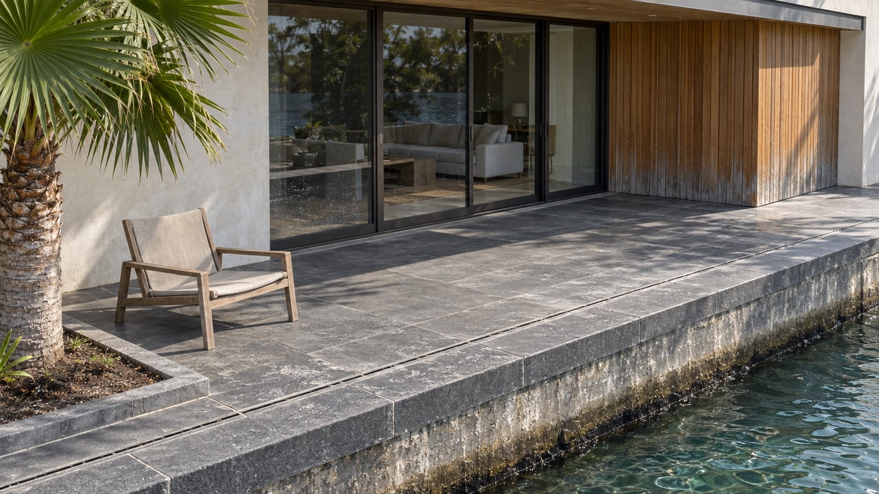 Sunlit basalt terrace beside a glass-enclosed living room, with teak cladding, a fan palm, and a stone-capped wall meeting green-blue water.