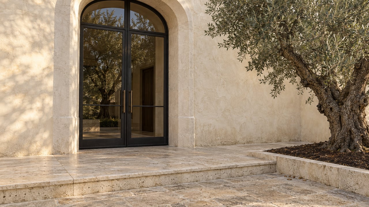 Arched steel-and-glass estate entrance recessed into ivory plaster, with worn limestone steps and a mature olive tree.