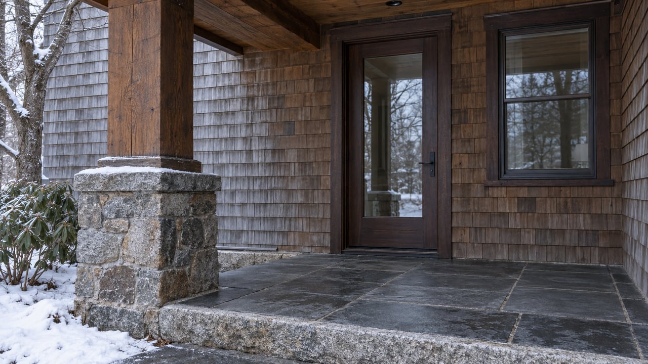 Winter light falls across a timber-framed covered entry with weathered cedar shingles, granite masonry, a glazed oak door and snow beside the slate step.